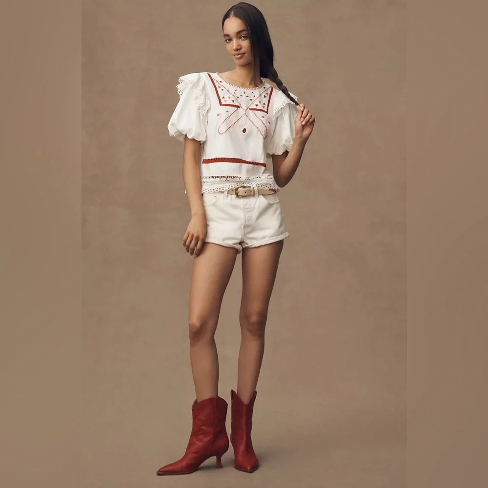 Puff-Sleeve Cutwork Embroidery Top